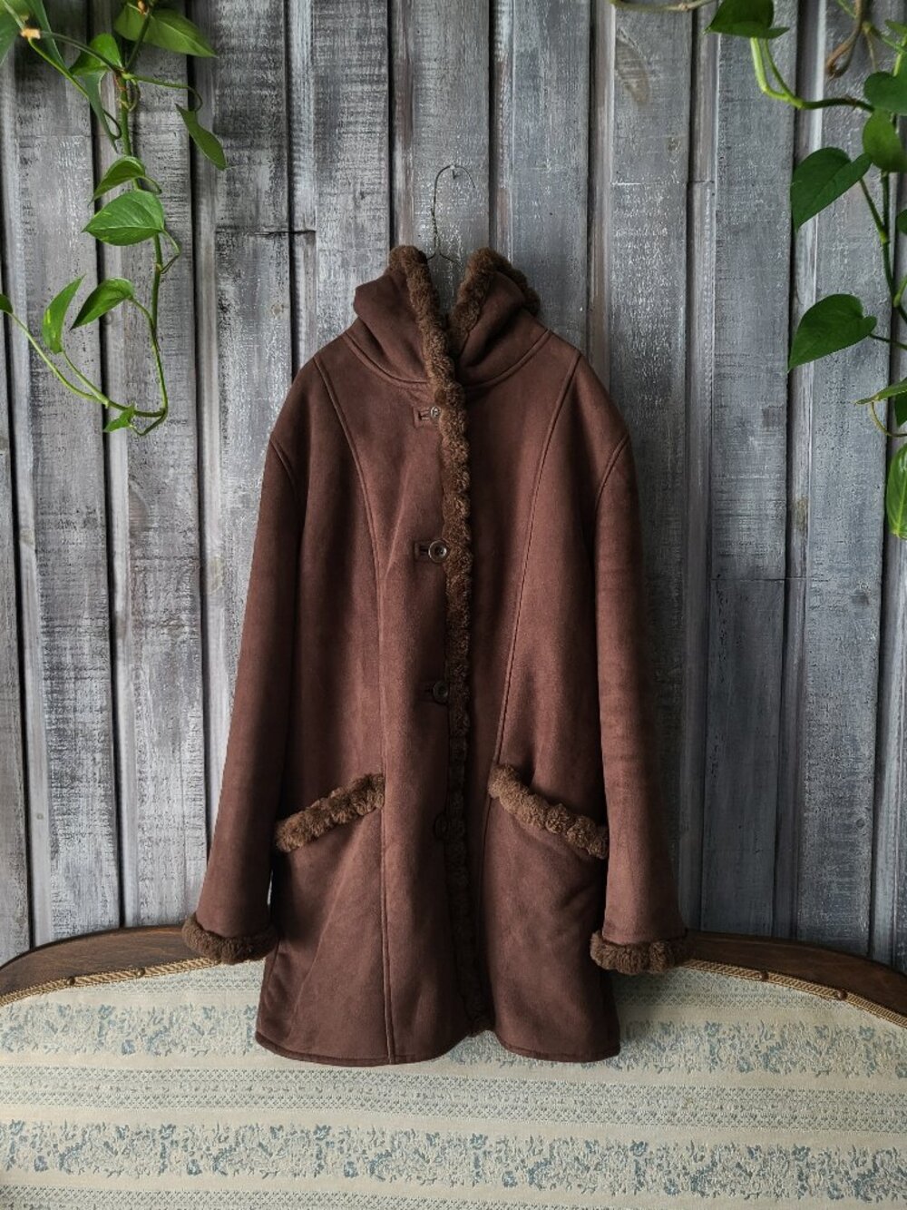 Vintage Fen-Nelli Studio Faux Suede Sherpa Hooded Coat 7/8 PTP 21.5